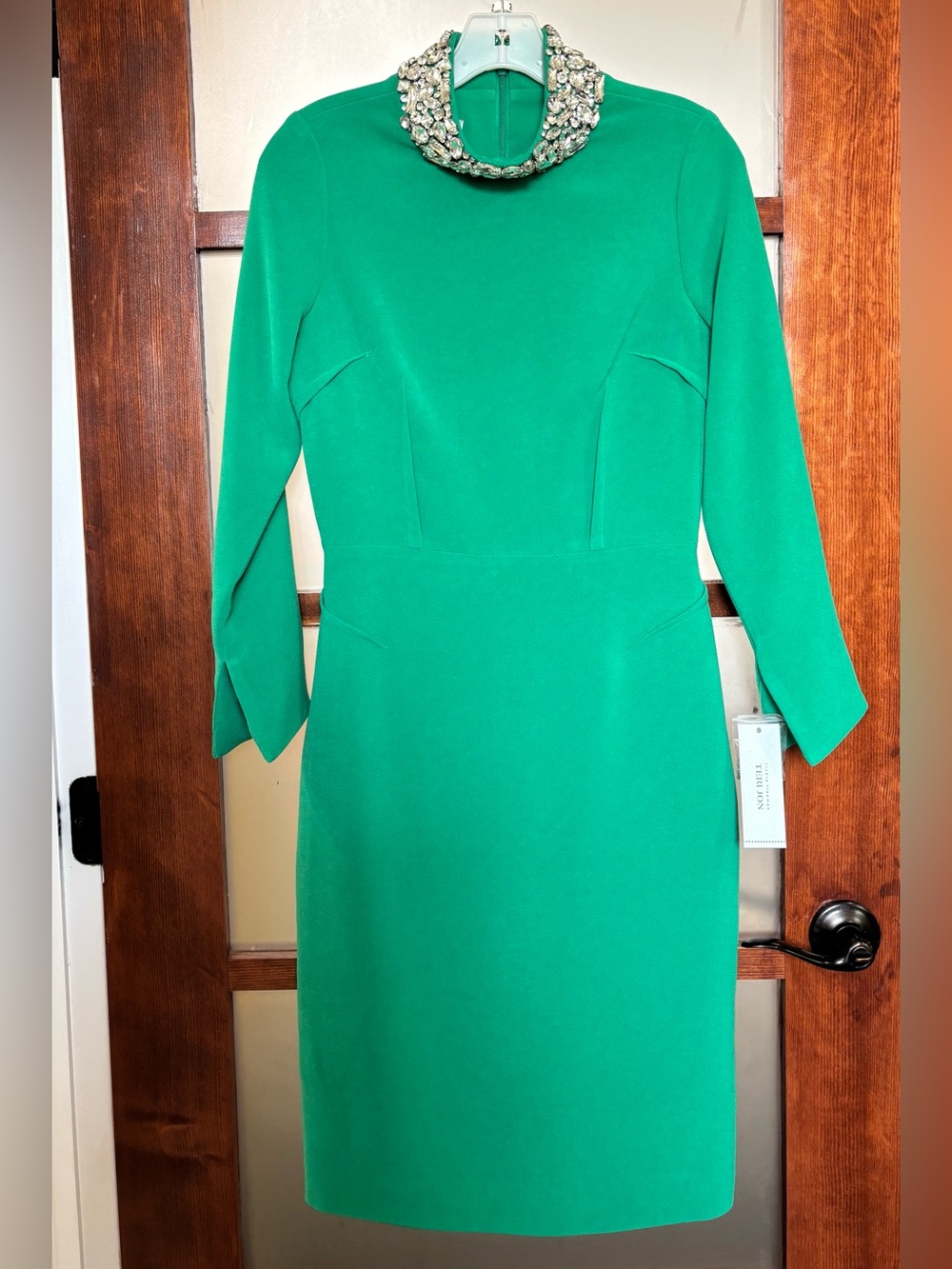 Teri Jon Kelly Green Dress with Jeweled Collar